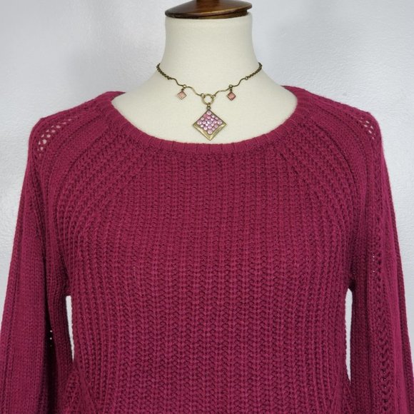 Freshman Wine Colored Mixed Knit Crop Style Round Neck Sweater NEW S (Juniors) - Picture 2 of 12